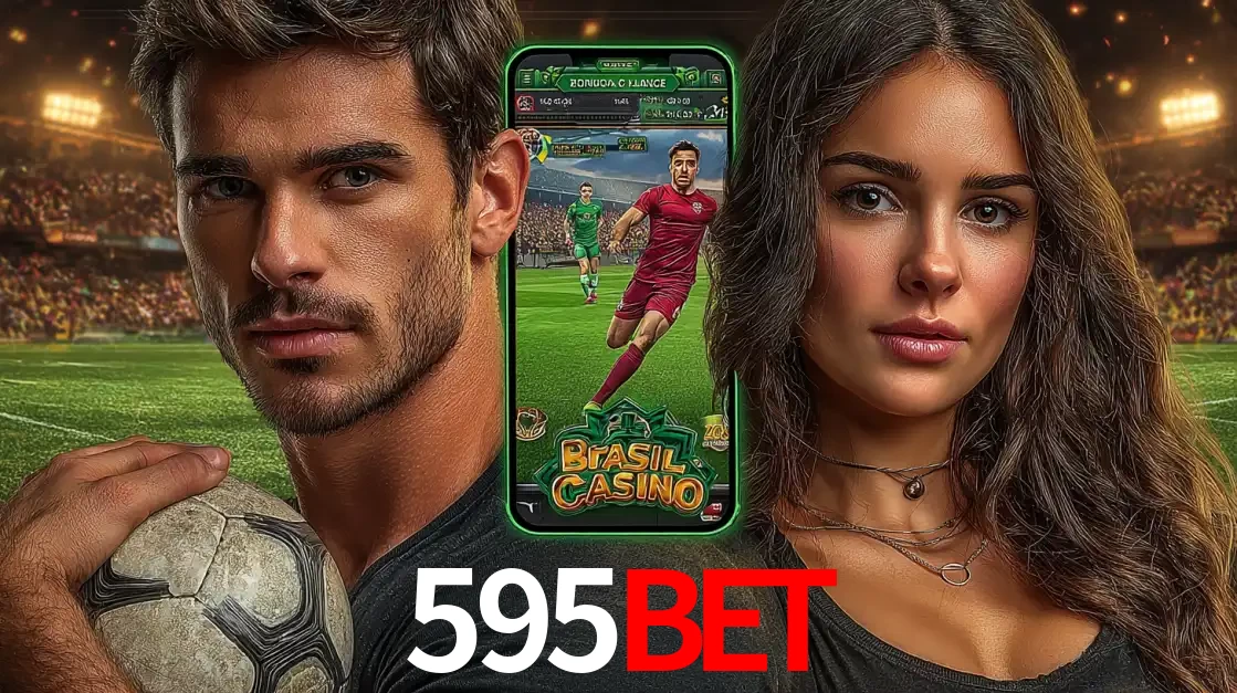Homem segurando uma bola de futebol e uma mulher ao lado de um smartphone exibindo o jogo de apostas esportivas da 595BET. Faça seu palpite no cassino online.